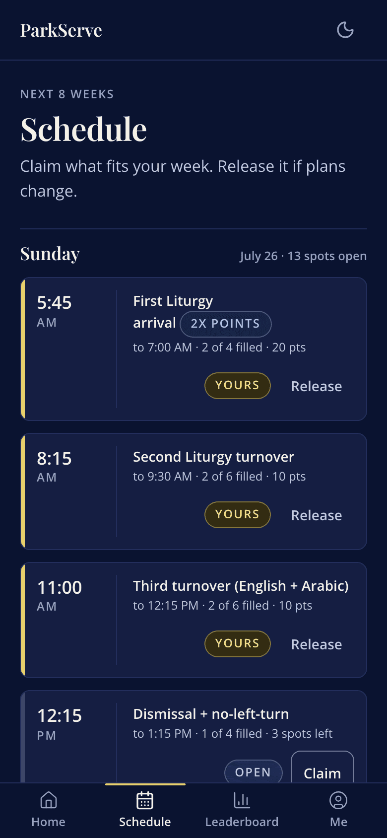 The ParkServe schedule on a phone, showing Sunday shifts and how many spots are left.
